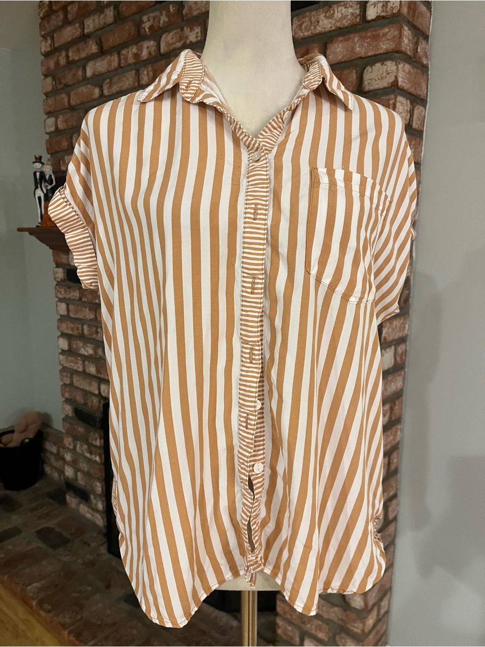 Jane and Delancey Tan and White Striped Short-Sleeve Button-Down